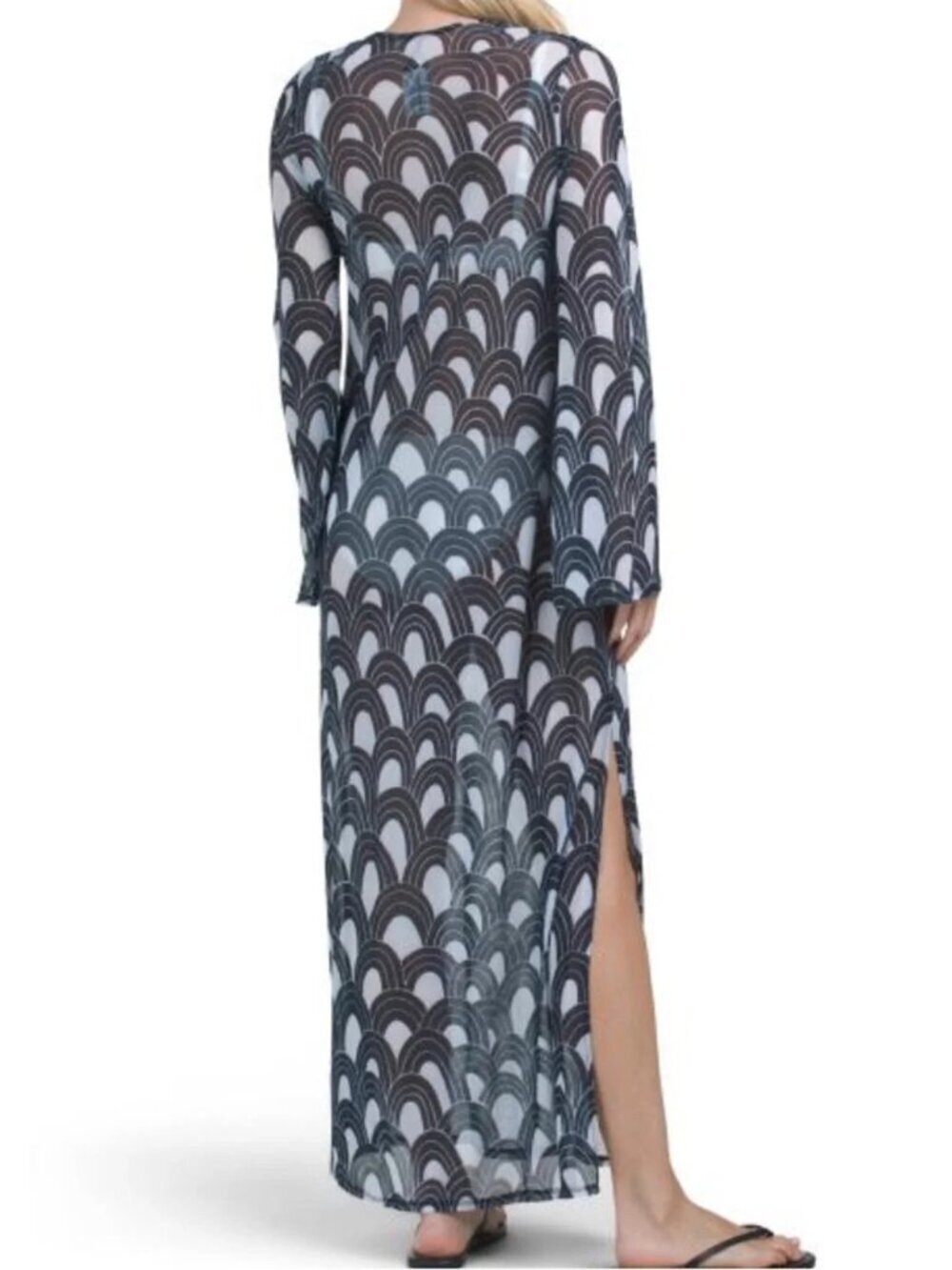New Trina Turk Sheer Scallop Print Navy/White Swim Cover-Up Maxi Dress Med NWT - Picture 3 of 8
